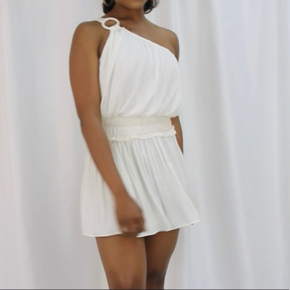 NWT Do + Be one shoulder cream white dress smocked waist